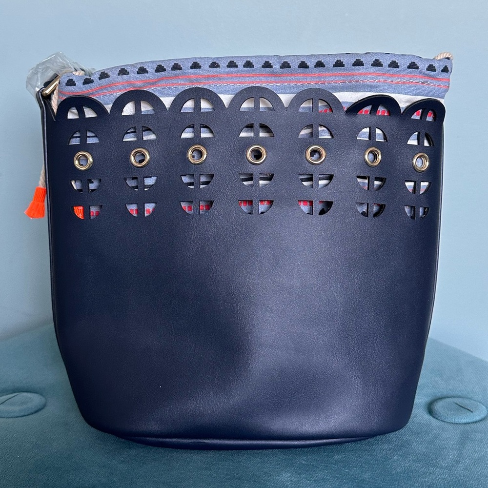 Stella & Dot Navy Laser-Cut Crossbody with Striped Pouch